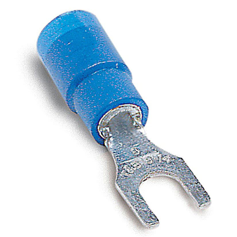 Sta-Kon 14RB-8FX RB Series Expanded Insulated Fork Terminal, 18 to 14 AWG Conductor, 0.97 in L, Brazed Seam/Serrated Barrel, Copper, Blue